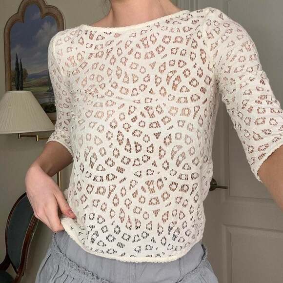 LOFT Tops - LOFT Cream Sheer Lace Top, 3/4 Sleeve Boho Blouse, Petites XXSP